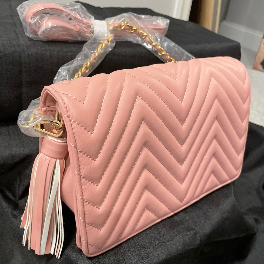 Brand New Blush Quilted Boutique Handbag With Flap Closure and Crossbody Chain